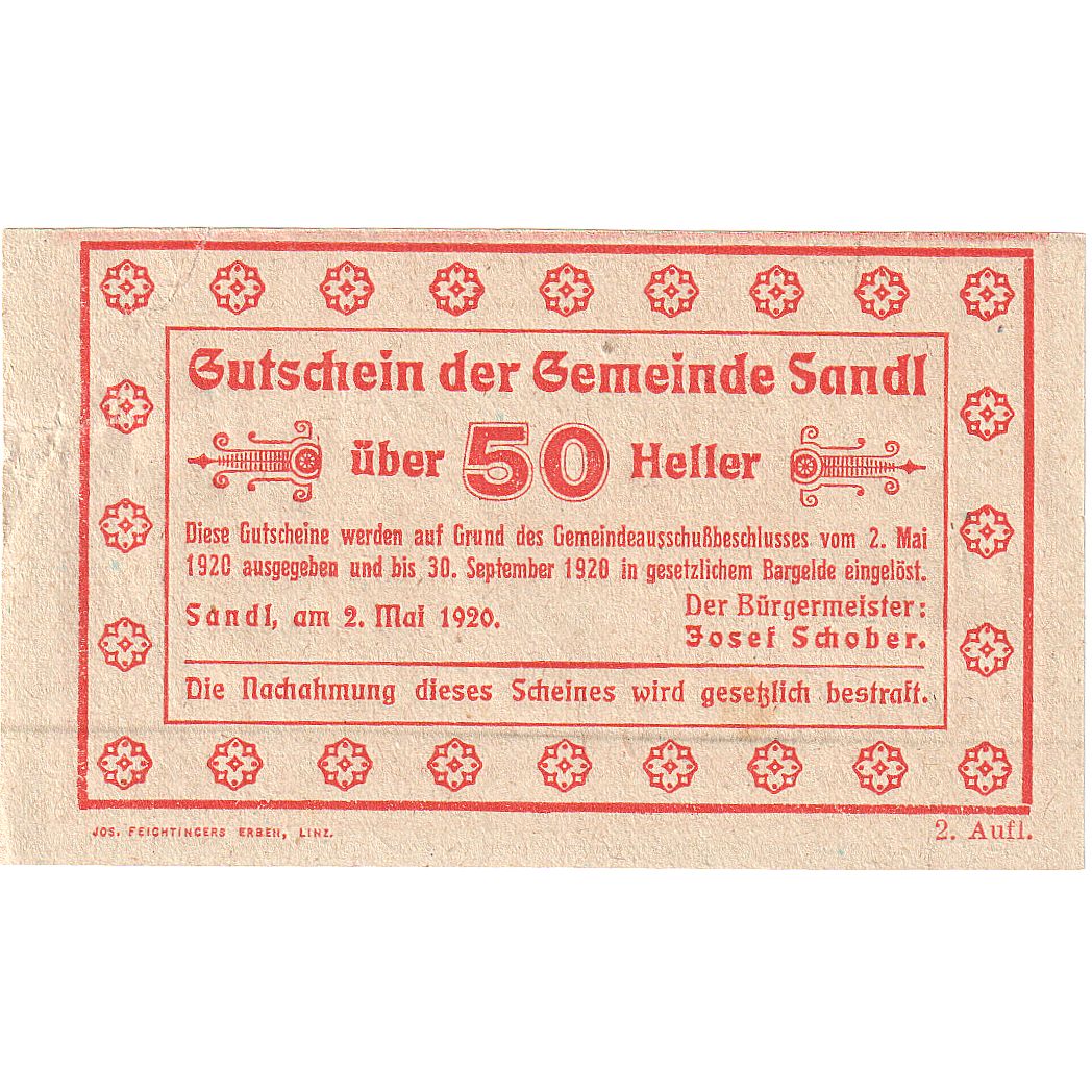 Autriche, Sandl, 50 Heller, cerf, 1920, 1920-09-30, TTB, Mehl:FS 874I