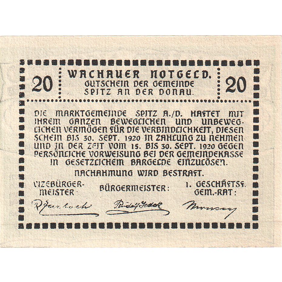 Autriche, Spitz, 20 Heller, Texte, 1920, 1920-09-30, SPL, Mehl:FS 1122.12IIc