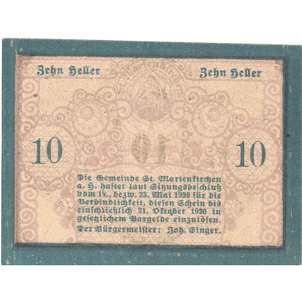 Austria, Marienkirchen, 10 Heller, portrait, 1920, 1920-10-31, SC, Mehl:FS 908