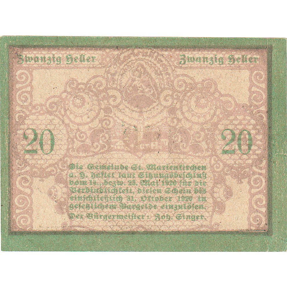Austria, Marienkirchen, 20 Heller, personnage, 1920, 1920-10-31, SC, Mehl:FS 908