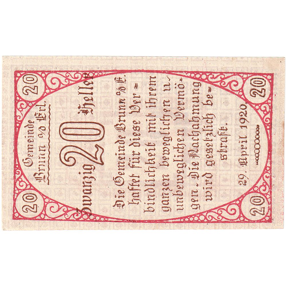 Autriche, Brunn, 20 Heller, parchemin, 1920, 1920-12-31, SPL, Mehl:FS 110a