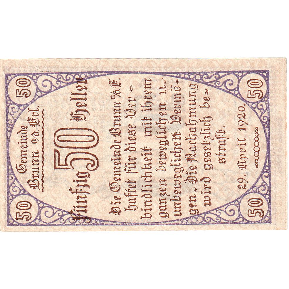 Austria, Brunn, 50 Heller, personnage, 1920, 1920-12-31, UNC(63), Mehl:FS 110a