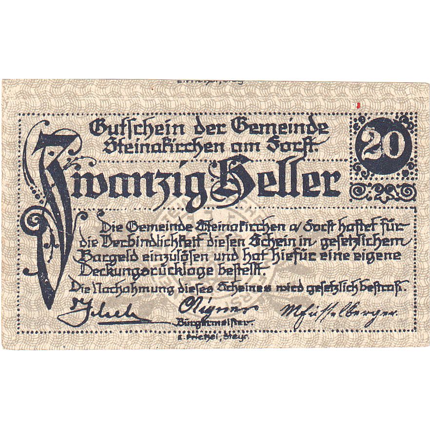 Austria, Steinakirchen, 20 Heller, Texte, 1922, 1922-03-31, SC, Mehl:FS 1017I