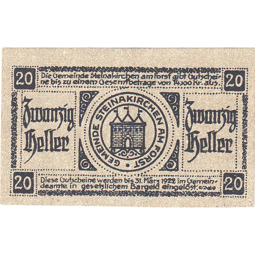 Austria, Steinakirchen, 20 Heller, Texte, 1922, 1922-03-31, SC, Mehl:FS 1017I