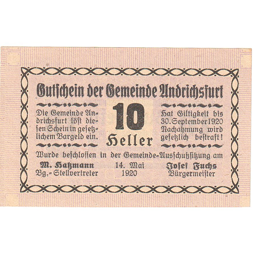 Austria, Andrichsfurt, 10 Heller, Texte, 1920, 1920-09-30, SC, Mehl:FS 41