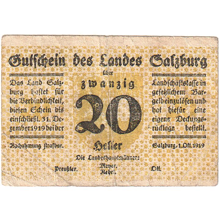 Autriche, Salzburg, 20 Heller, Texte, 1919, 1919-12-31, TB, Mehl:FS 860I