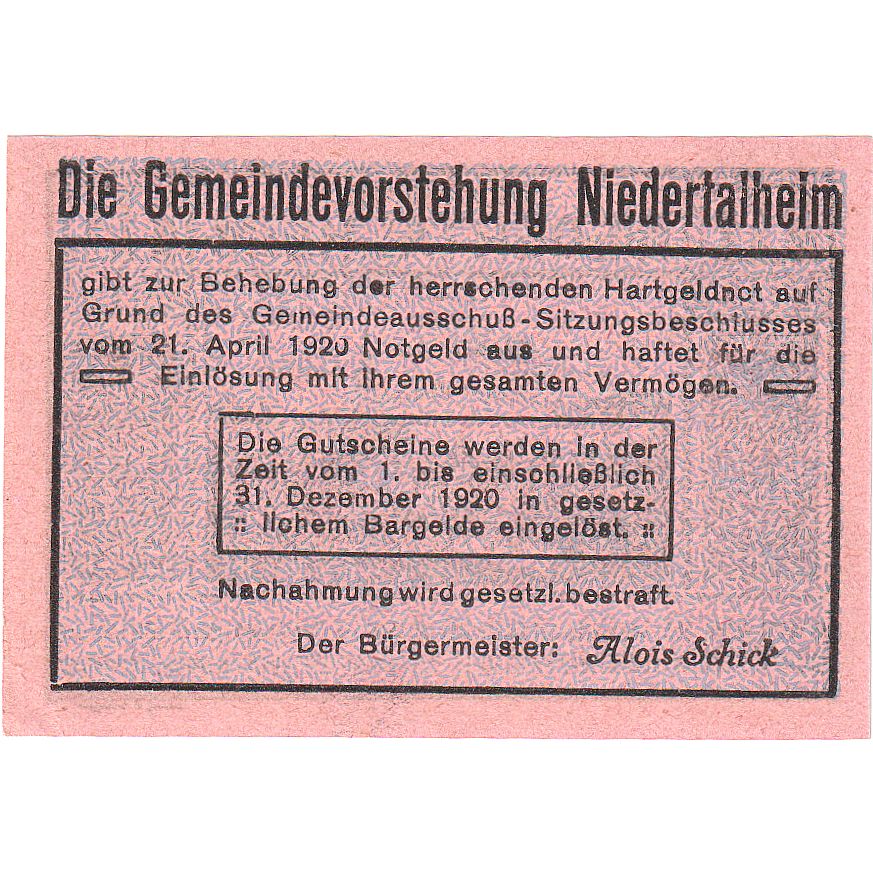 Austria, Niederthalheim, 10 Heller, village, 1920, 1920-12-31, SC, Mehl:FS 672d