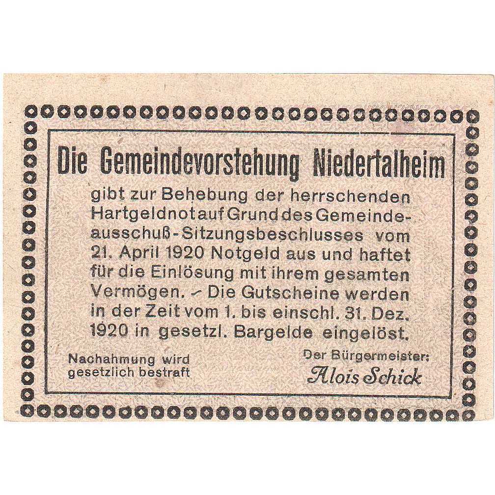 Autriche, Niedertalheim, 50 Heller, Eglise, 1920, 1920-12-31, SPL, Mehl:FS 672b