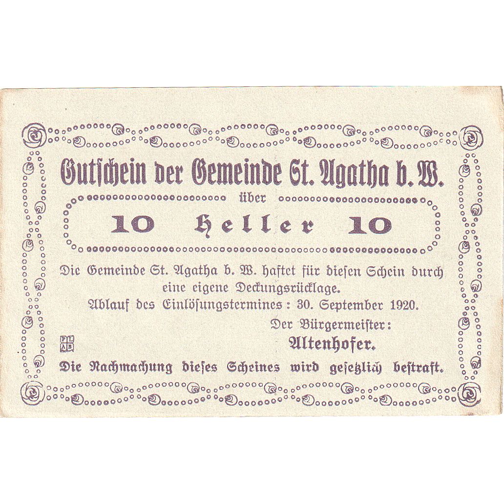 Österreich, St Agatha, 10 Heller, village, 1920, 1920-09-30, SS, Mehl:FS 877Ia