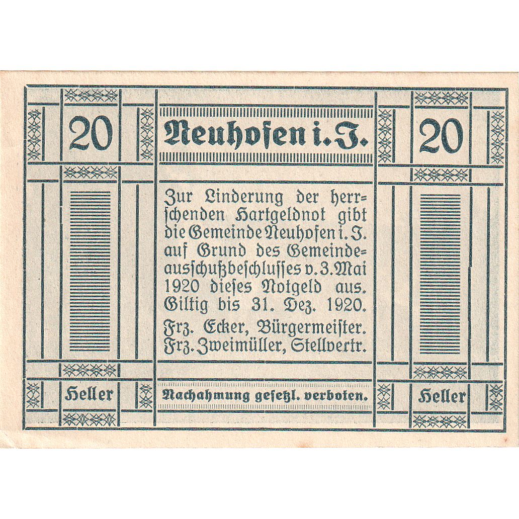 Österreich, Neuhofen, 20 Heller, Eglise, 1920, 1920-12-31, UNZ-, Mehl:FS 652IIa