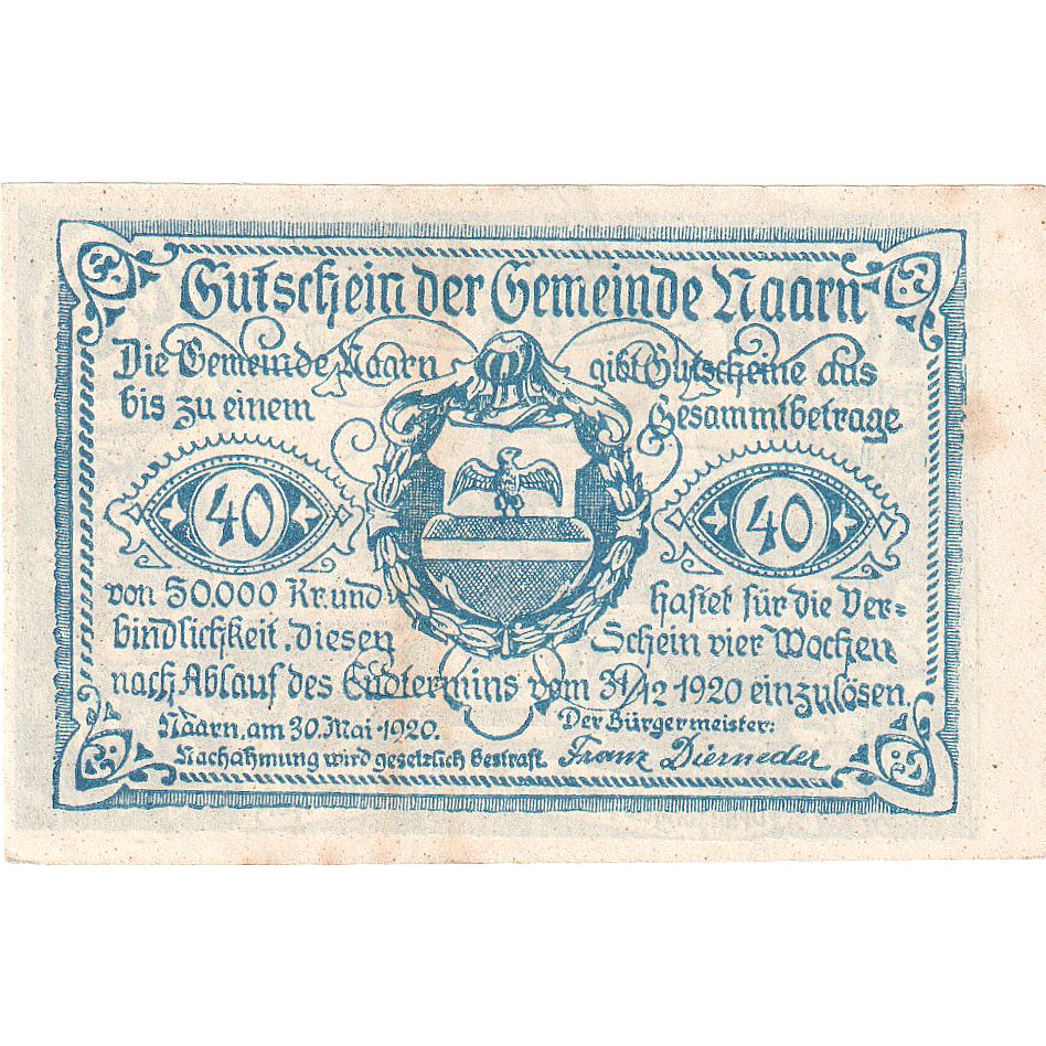 Autriche, Naarn, 40 Heller, 1920-12-31, SUP Mehl:FS 642a