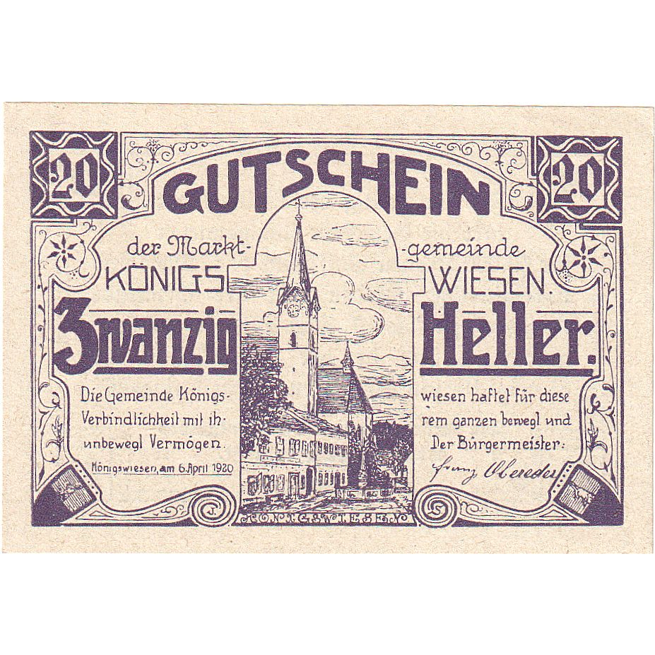 Österreich, Konigswiesen, 20 Heller, Eglise, 1921, 1921-05-31, UNZ-, Mehl:FS 464