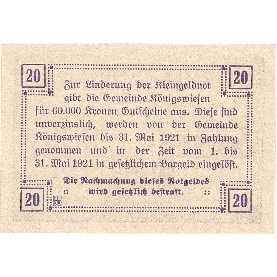 Österreich, Konigswiesen, 20 Heller, Eglise, 1921, 1921-05-31, UNZ-, Mehl:FS 464