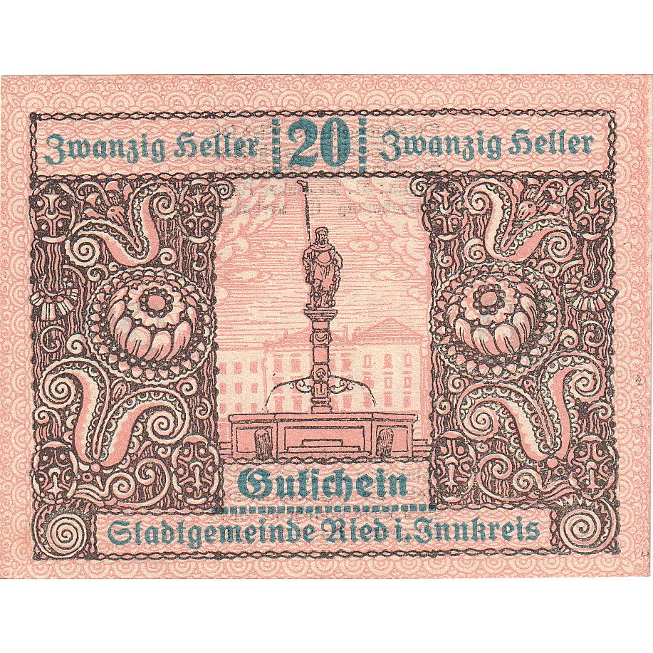 Autriche, Ried, 20 Heller, Monument, 1920, 1920-12-31, SPL, Mehl:FS 834IIa
