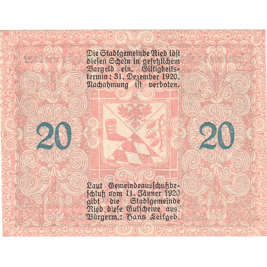 Autriche, Ried, 20 Heller, Monument, 1920, 1920-12-31, SPL, Mehl:FS 834IIa