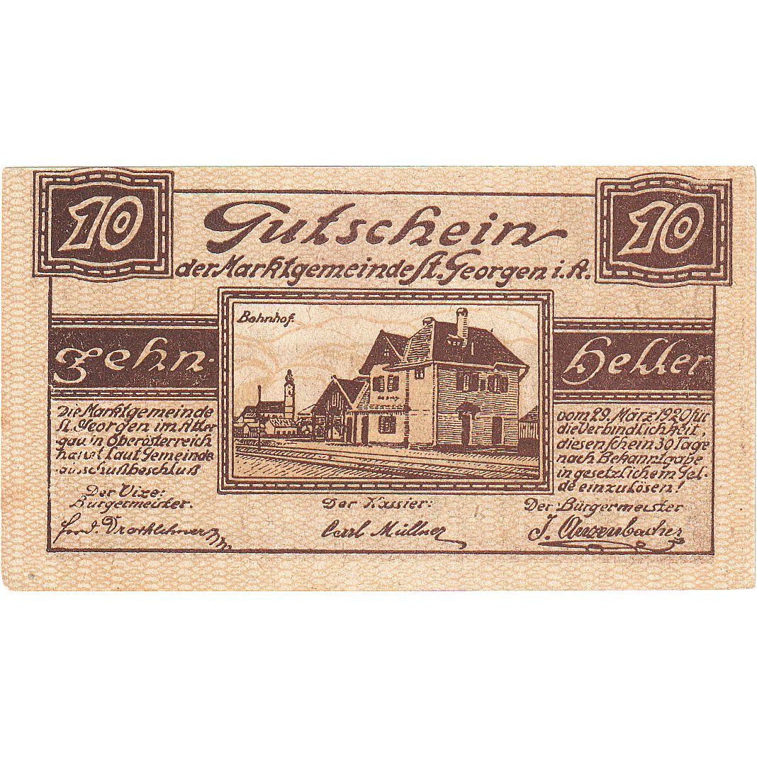 Autriche, St Georgen, 10 Heller, gare, 1920, SPL, Mehl:FS 888Ia