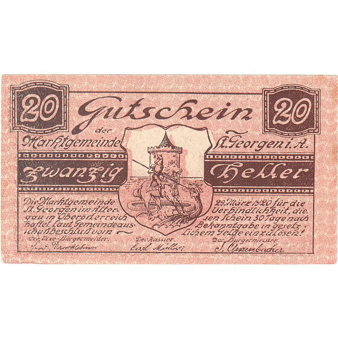 Autriche, St Georgen, 20 Heller, chevalier, 1920, SPL, Mehl:FS 888Ia
