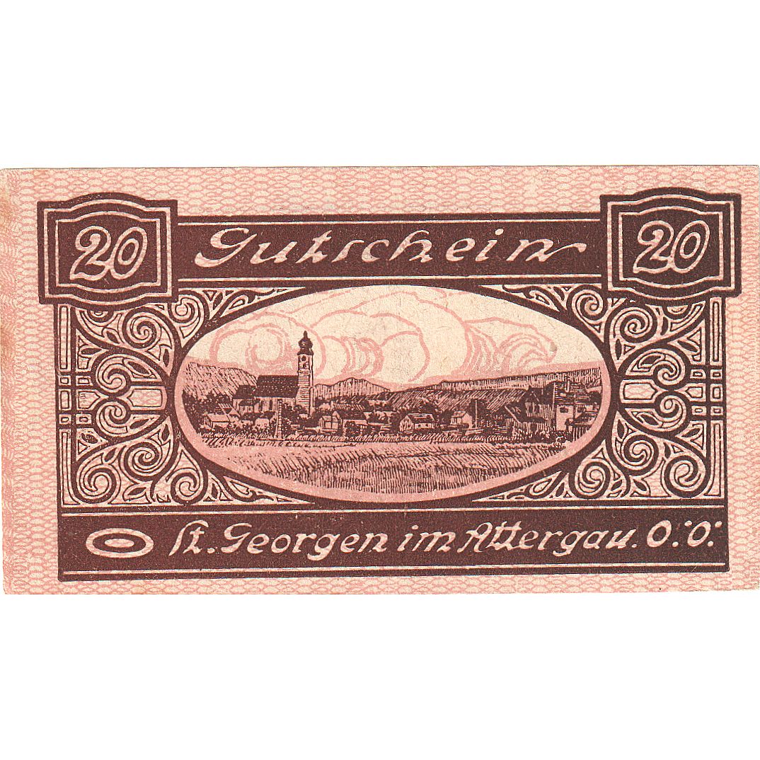 Autriche, St Georgen, 20 Heller, chevalier, 1920, SPL, Mehl:FS 888Ia