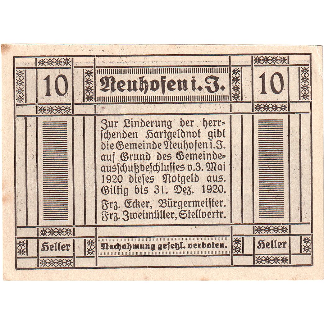 Autriche, Neuhofen, 10 Heller, route, 1920, 1920-12-31, SUP, Mehl:FS 652IIa