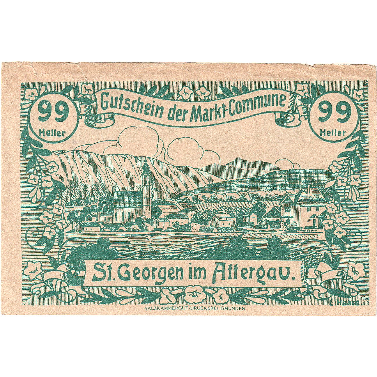 Österreich, St Georgen im Attergau, 99 Heller, village, 1920, SS, Mehl:FS 889b