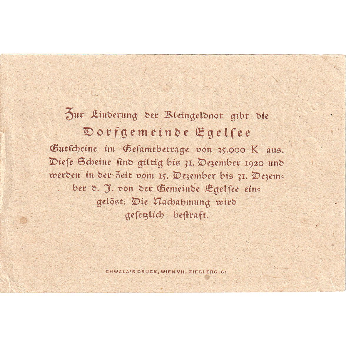 Autriche, Egelsee, 50 Heller, village, 1920, 1920-12-31, SPL, Mehl:FS 158a