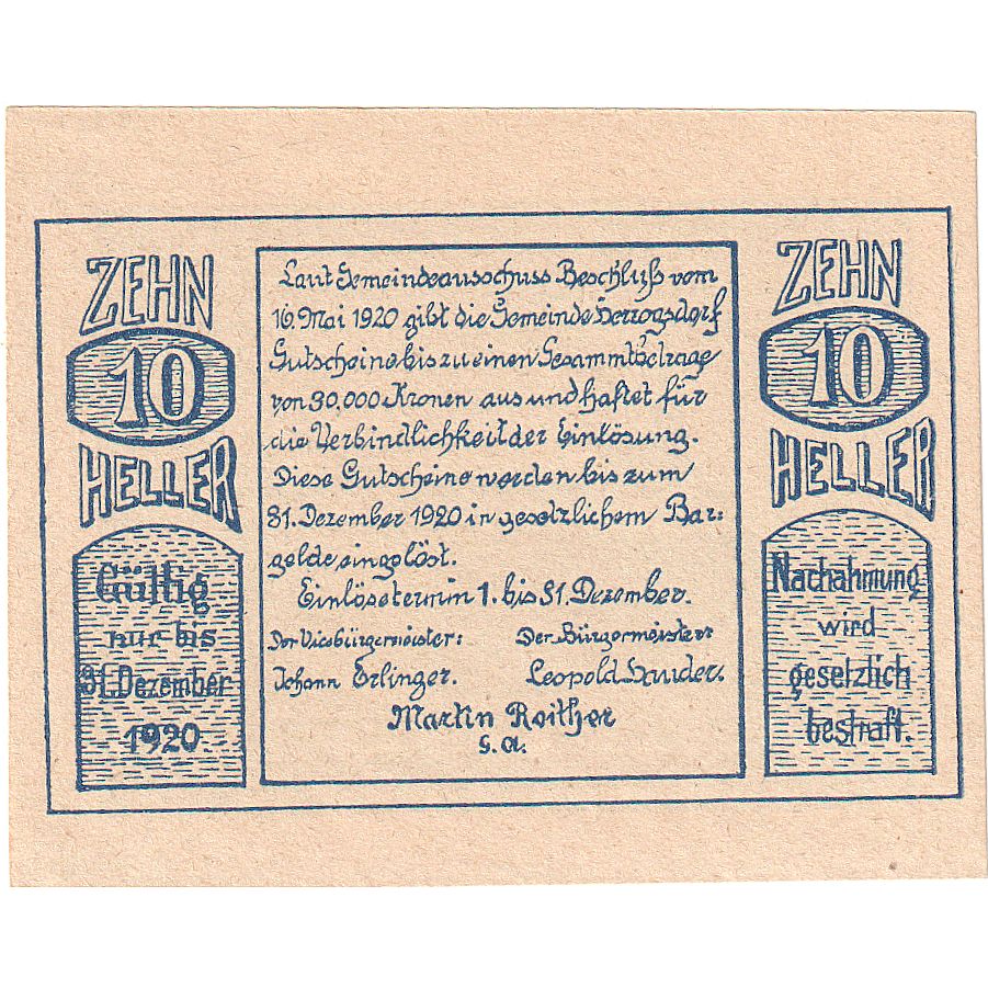 Autriche, Herzogsdorf, 10 Heller, village, 1920, 1920-12-31, SPL, Mehl:FS 373I
