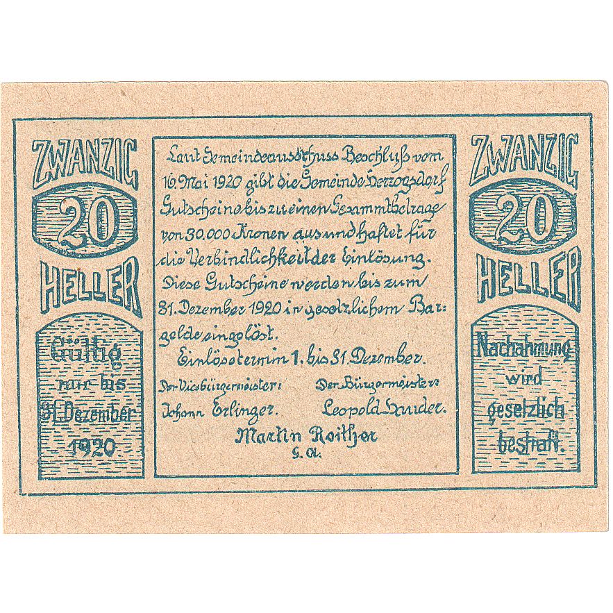 Autriche, Herzogsdorf, 20 Heller, paysage, 1920, 1920-12-31, SPL, Mehl:FS 373I