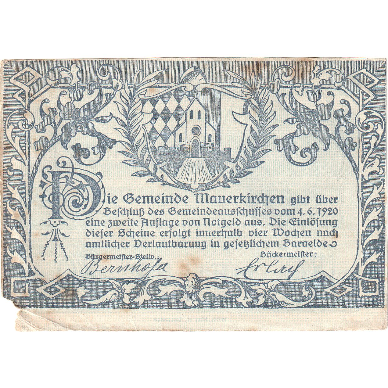 Austria, Mauerkirchen, 80 Heller, Blason, 1920, 1920-06-04, BC, Mehl:FS 598IIb
