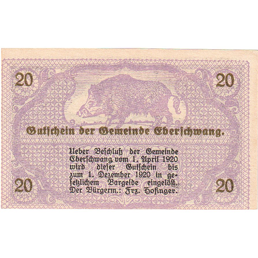 Austria, Eberschwang, 20 Heller, sanglier, 1920-12-01, UNC(63), Mehl:FS 145a
