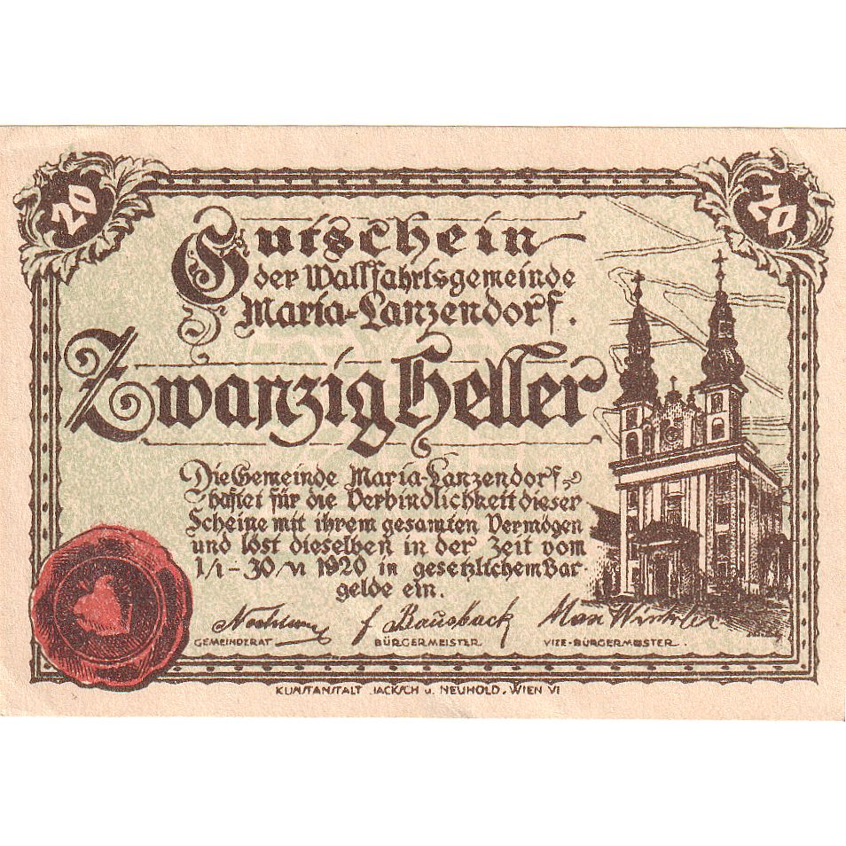 Austria, Lanzendorf, 20 Heller, Eglise, 1920, 1920-06-30, SC, Mehl:FS 586a