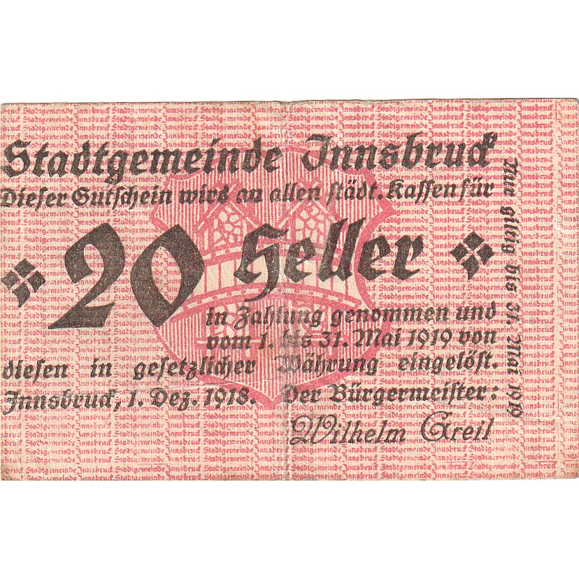 Austria, Innsbruck, 20 Heller, Texte, 1919, 1919-05-31, BC, Mehl:FS 409a