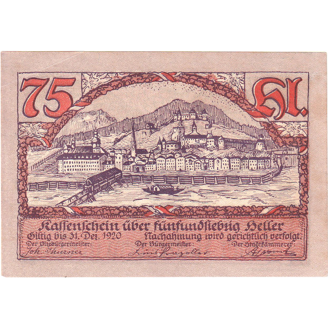 Austria, Rattenberg, 75 Heller, Blason, 1920, 1920-12-31, EBC, Mehl:FS 821I