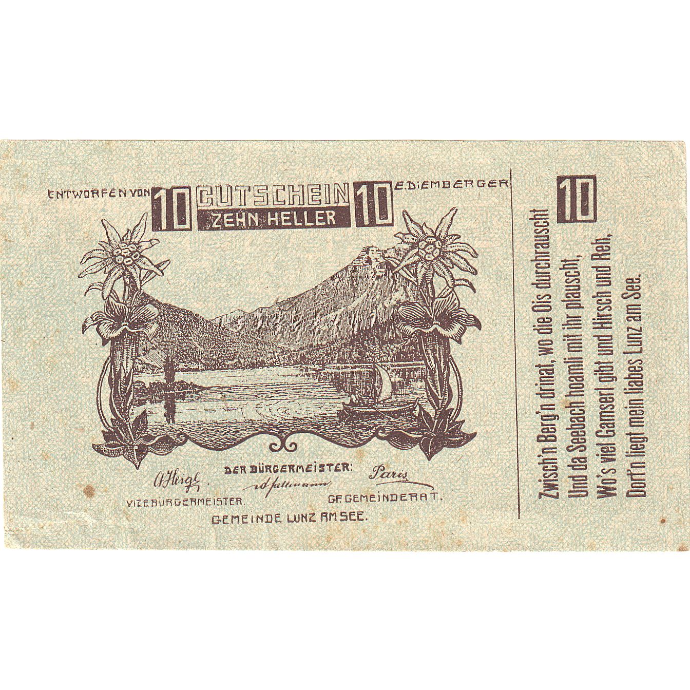 Austria, Lunz am See, 10 Heller, fleuve, 1920, 1920-12-31, EBC, Mehl:FS 571a