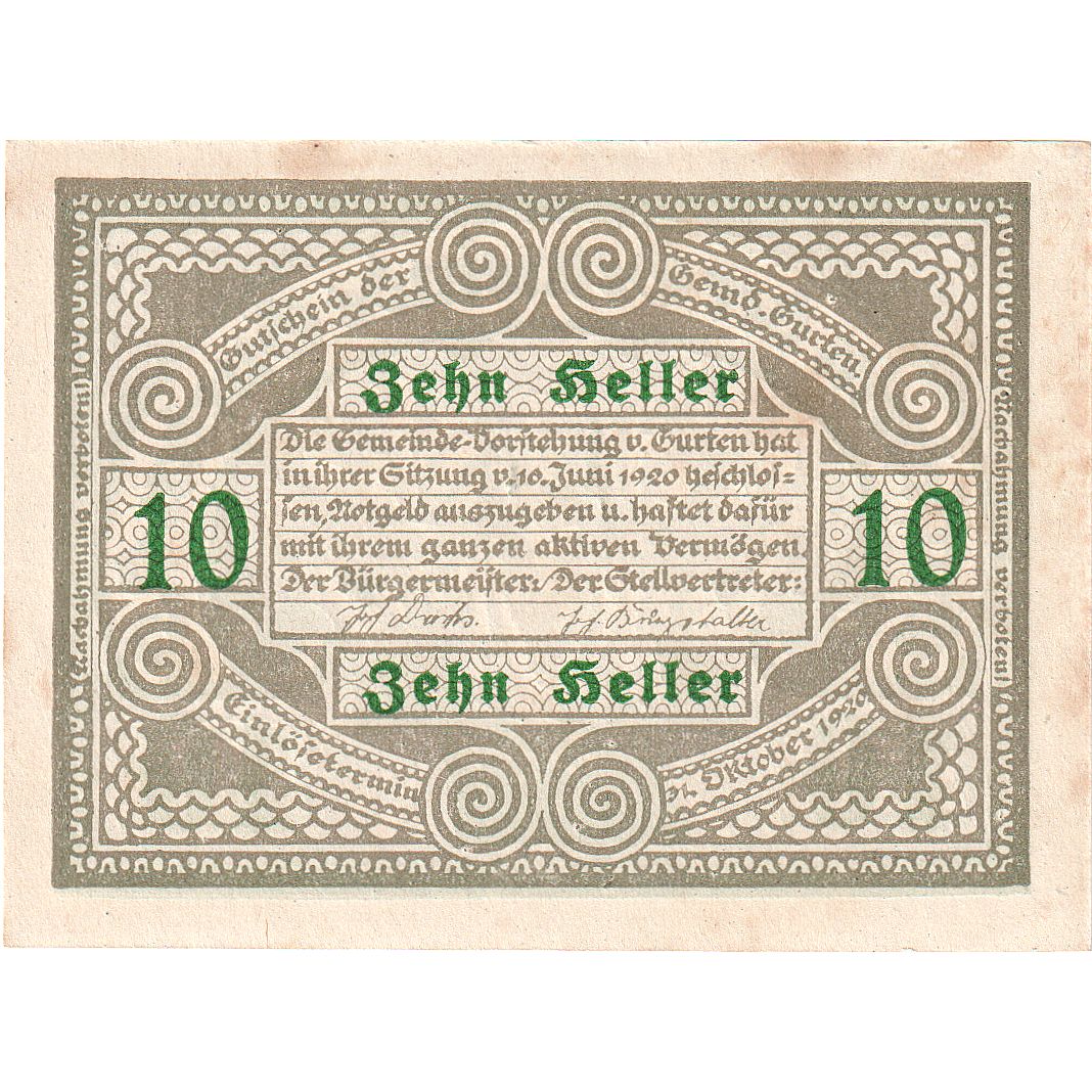 Autriche, Gurten, 10 Heller, Texte, 1920, 1920-10-31, SUP, Mehl:FS 312Ax
