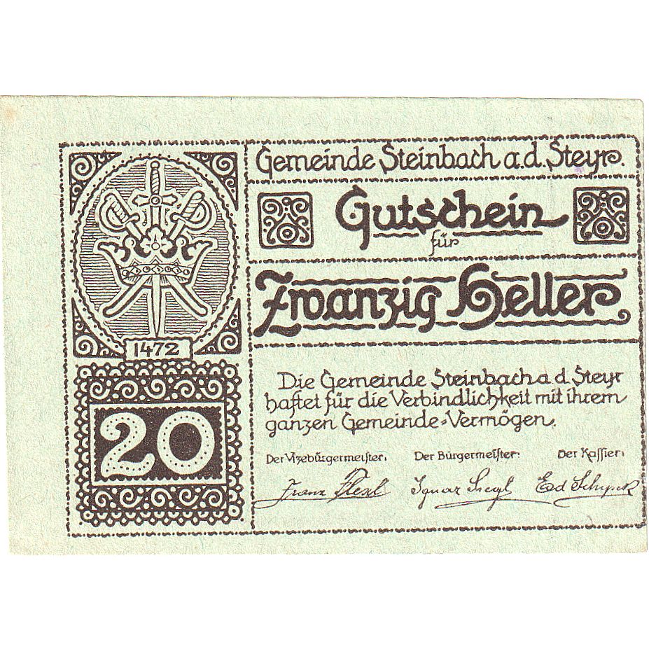 Autriche, Steinbach, 20 Heller, village, 1920, 1920-12-31, SPL, Mehl:FS 1025