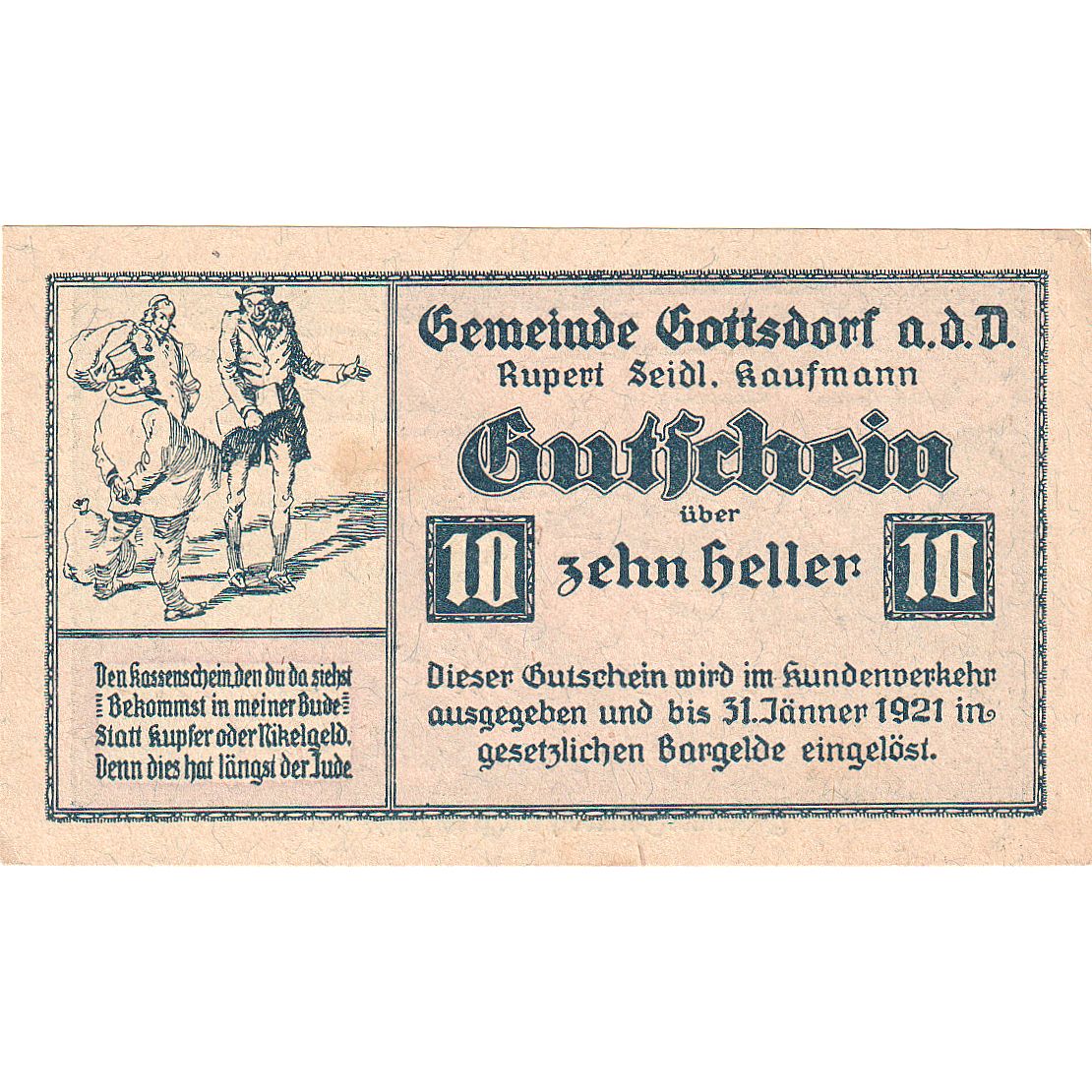 Austria, Gottsdorf 10 Heller, paysage, 1921, 1921-01-31, UNC(63), Mehl:FS 254