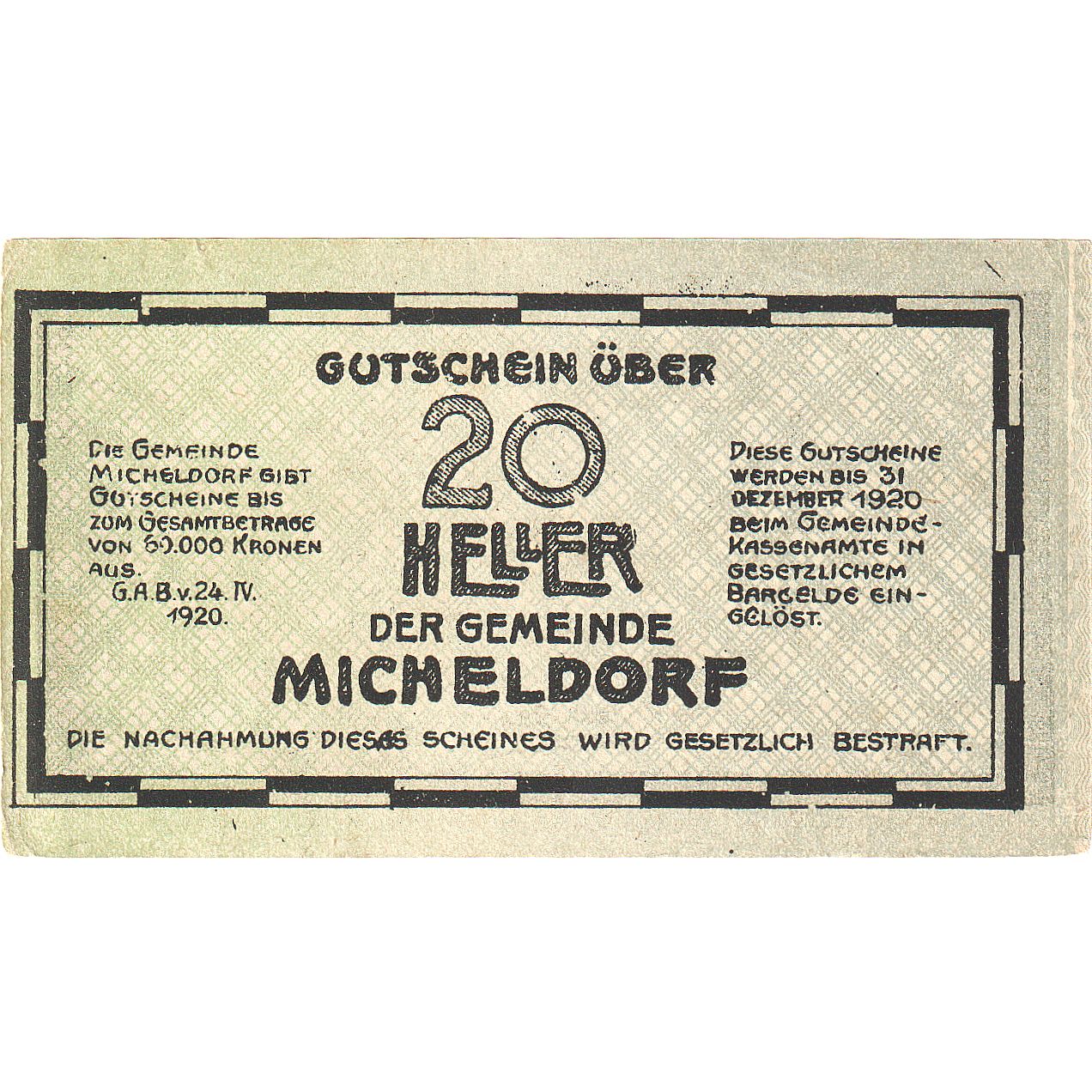 Autriche, Micheldorf, 20 Heller, Monument, 1920, 1920-12-31, SUP, Mehl:FS 612b