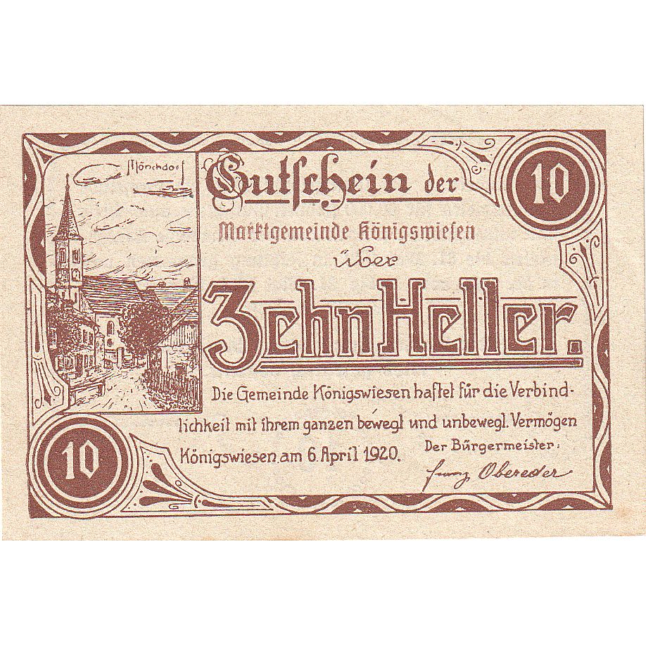 Autriche, Konigswiesen, 10 Heller, village, 1921, 1921-05-31, SPL, Mehl:FS 464