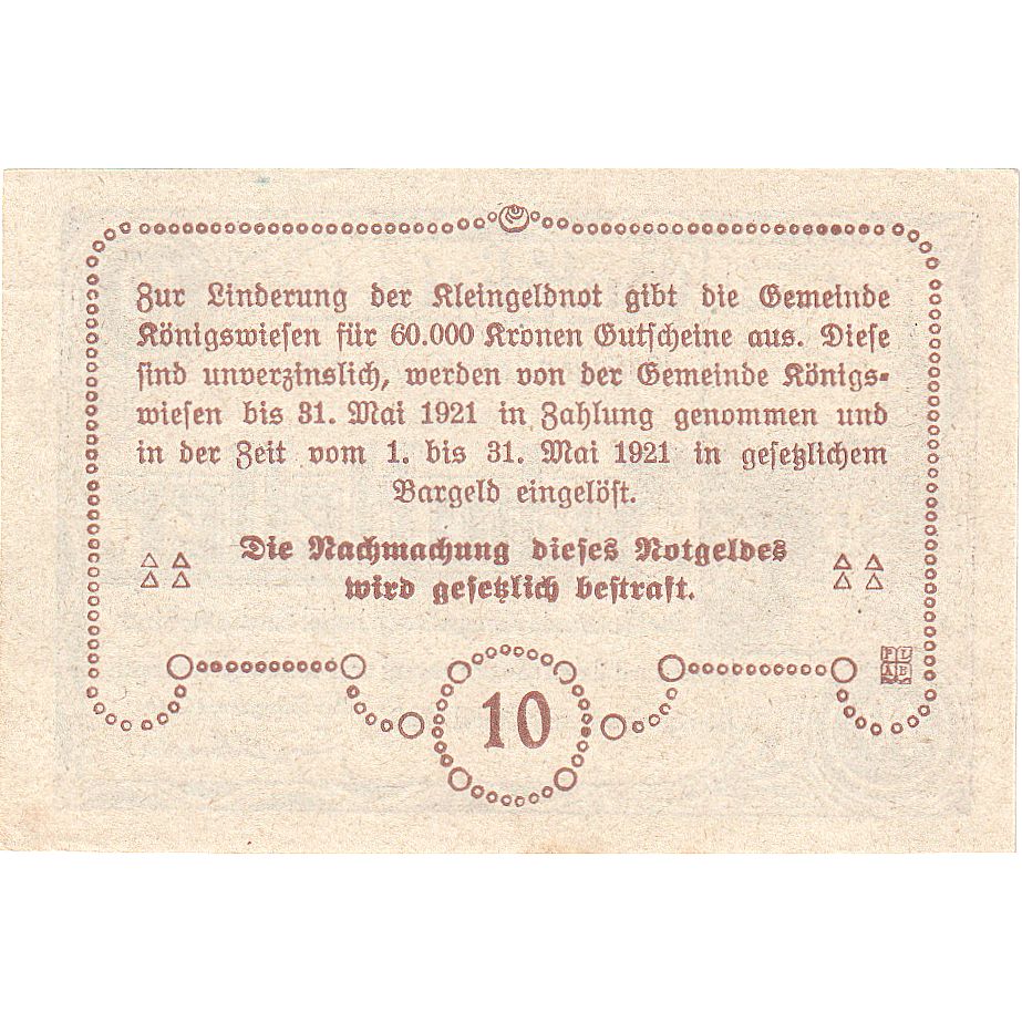 Autriche, Konigswiesen, 10 Heller, village, 1921, 1921-05-31, SPL, Mehl:FS 464