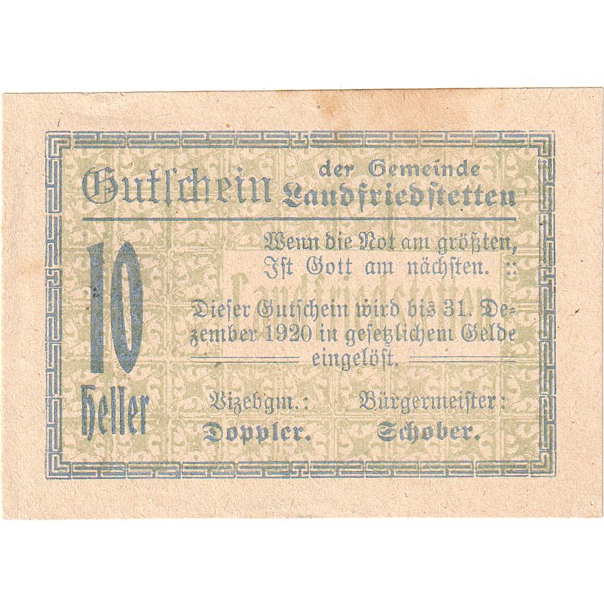 Autriche, Landfriedstetten, 10 Heller, Texte 1920-12-31, SUP, Mehl:FS 499Ib