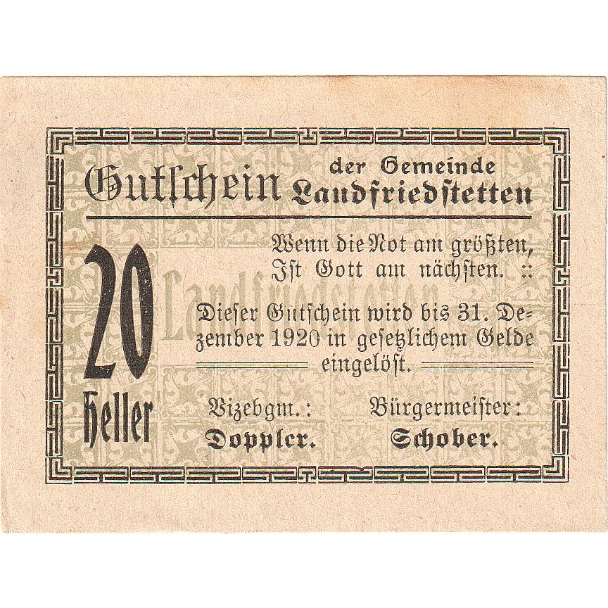 Autriche, Landfriedstetten, 20 Heller, texte 1, 1920-12-31, SUP, Mehl:FS 499Ib