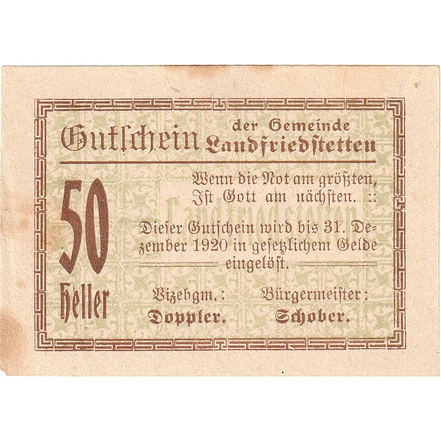 Autriche, Landfriedstetten, 50 Heller, Texte 1920-12-31, SUP, Mehl:FS 499Ib