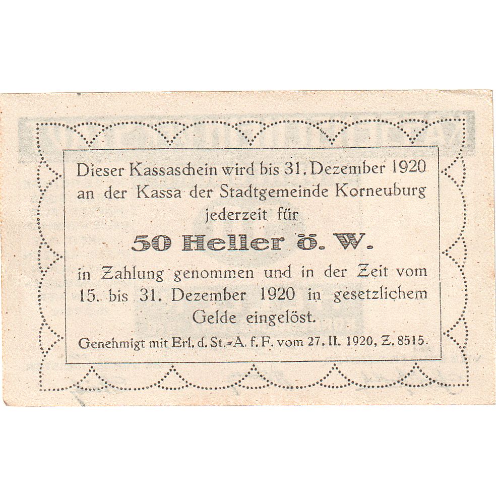 Autriche, Korneuburg, 50 Heller, château, 1920, 1920-12-31, SPL, Mehl:FS 466b