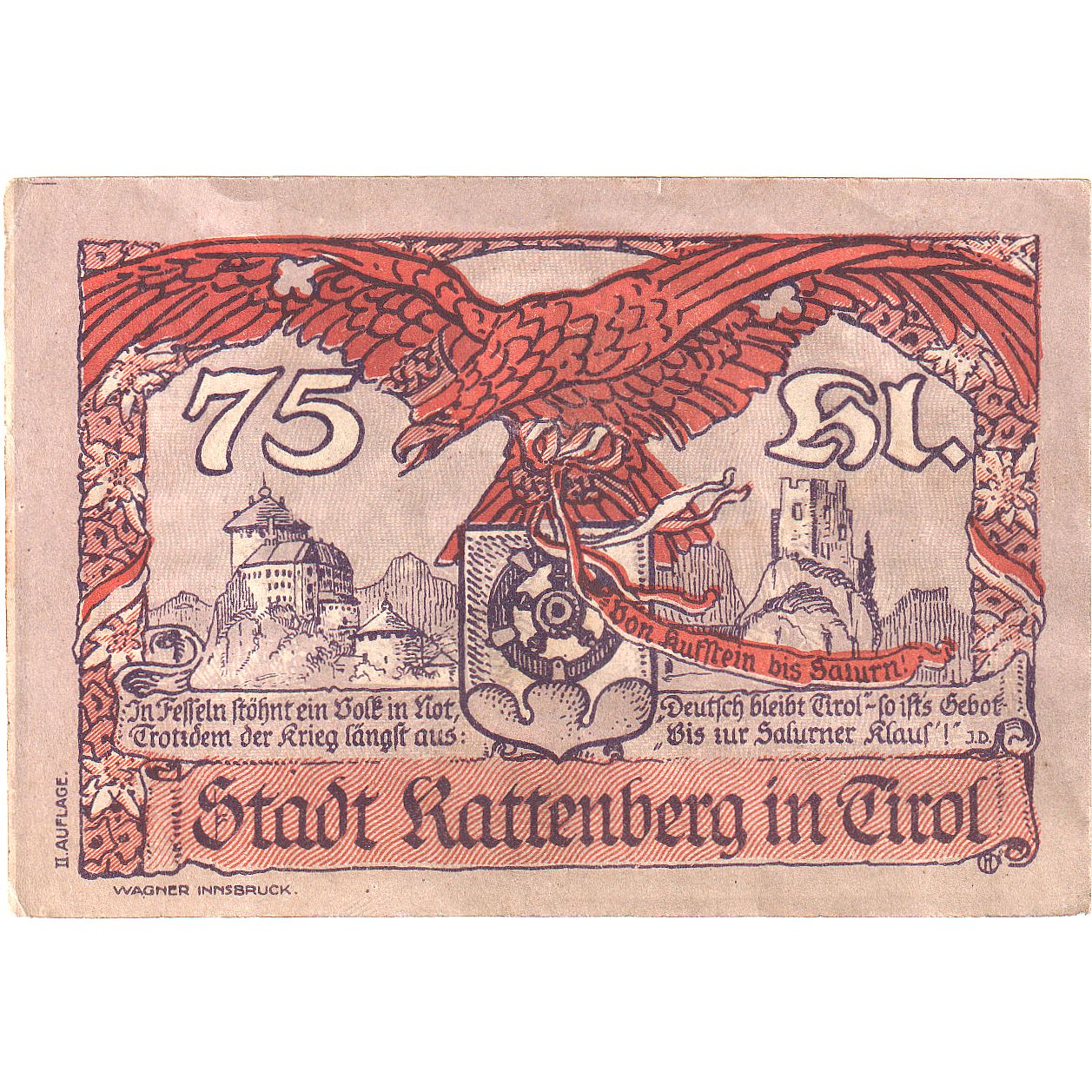 Austria, Rattenberg, 75 Heller, Ville, 1920, 1920-12-31, EBC, Mehl:FS 821I