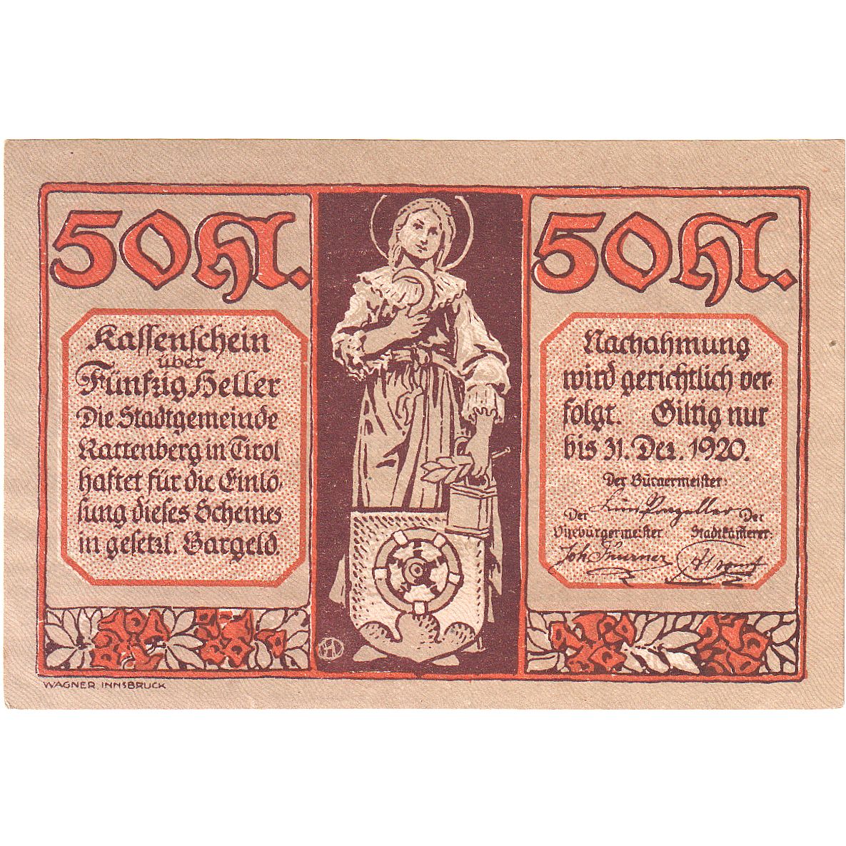 Autriche, Rattenberg, 50 Heller, statue, 1920, 1920-12-31, SPL, Mehl:FS 821I