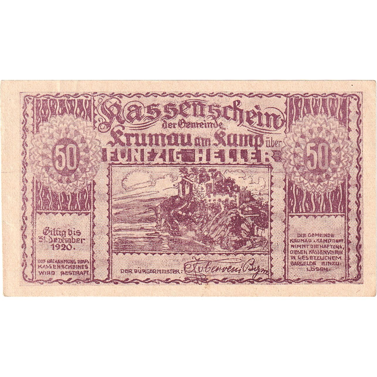 Autriche, Krumau am Kamp, 50 Heller, rocher, 1920, 1920-12-31, SPL, Mehl:FS 487a