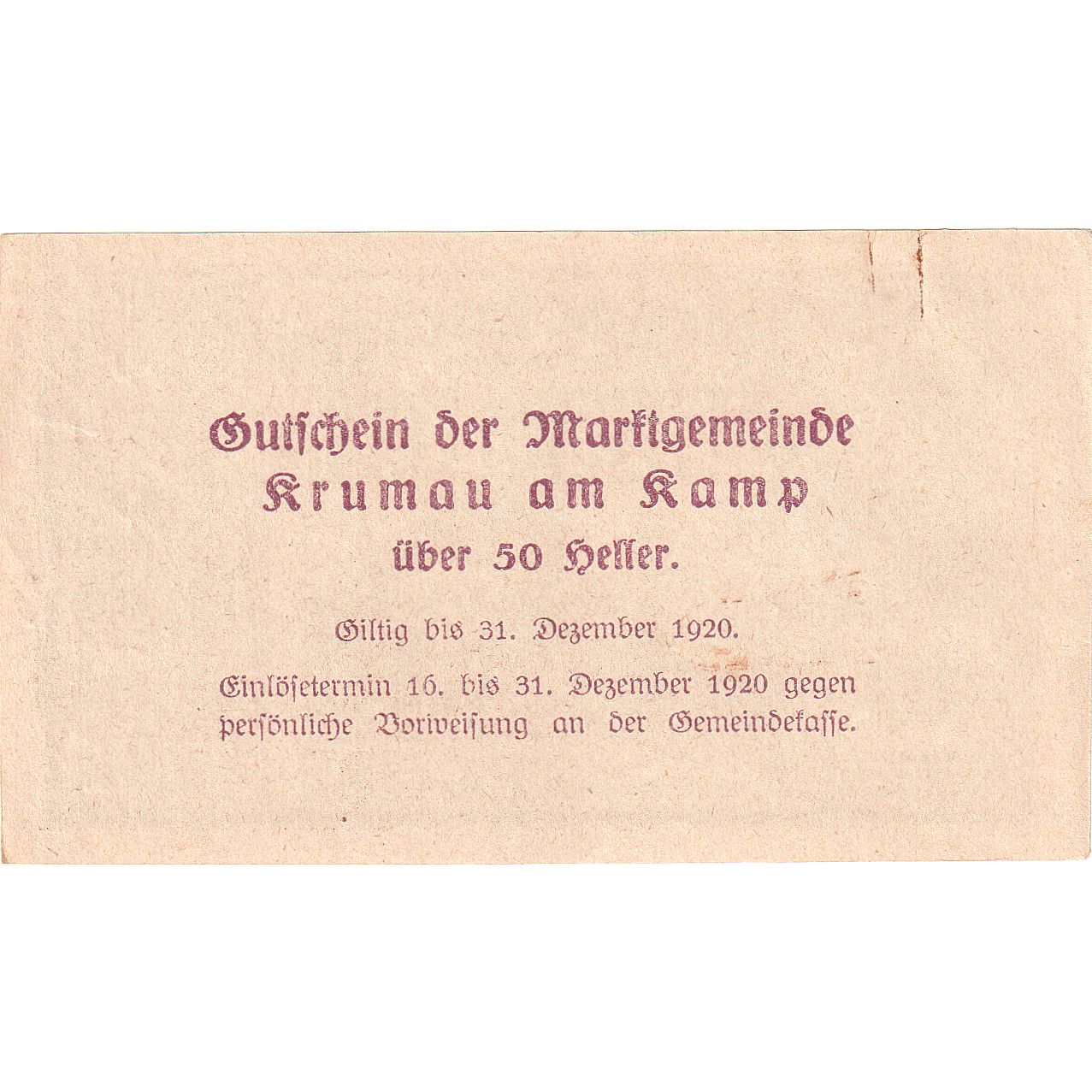Autriche, Krumau am Kamp, 50 Heller, rocher, 1920, 1920-12-31, SPL, Mehl:FS 487a