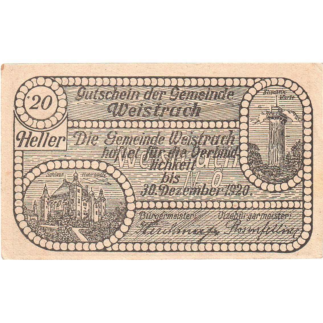 Austria, Weistrach, 20 Heller, village, 1920, 1920-12-30, EBC+, Mehl:FS 1161c