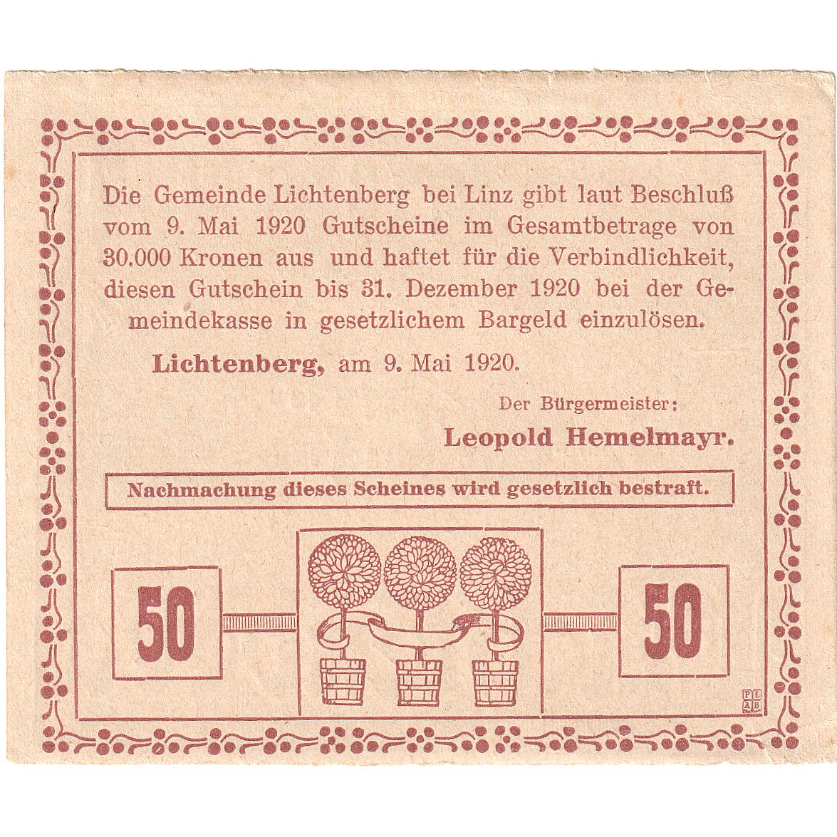 Austria, Lichtenberg, 50 Heller, ferme, 1920, 1920-12-31, EBC, Mehl:FS 518a