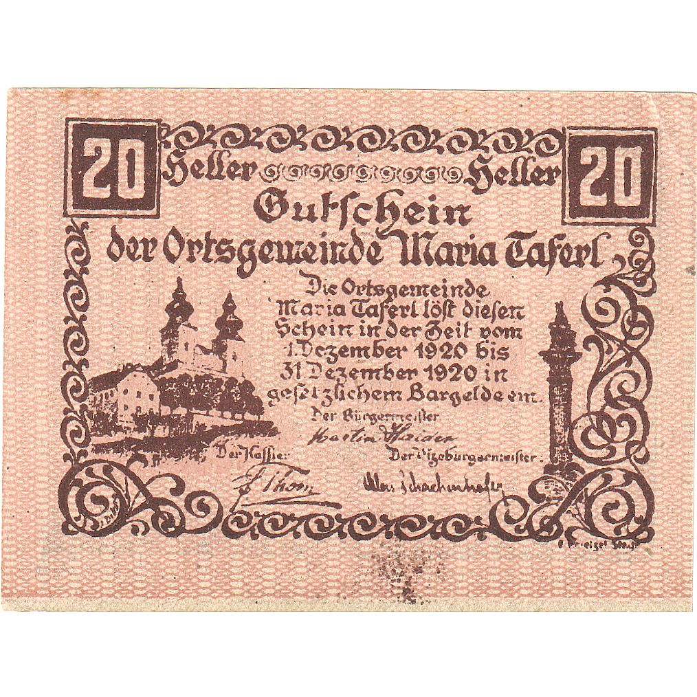 Austria, Maria Taferl, 20 Heller, Eglise, 1920, 1920-12-31, SC, Mehl:FS 588